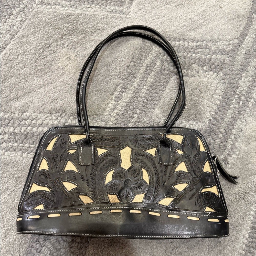 Cream and Black Geometric Shoulder Bag